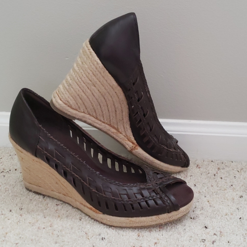 NWOT Brown Leather Wedge Heels